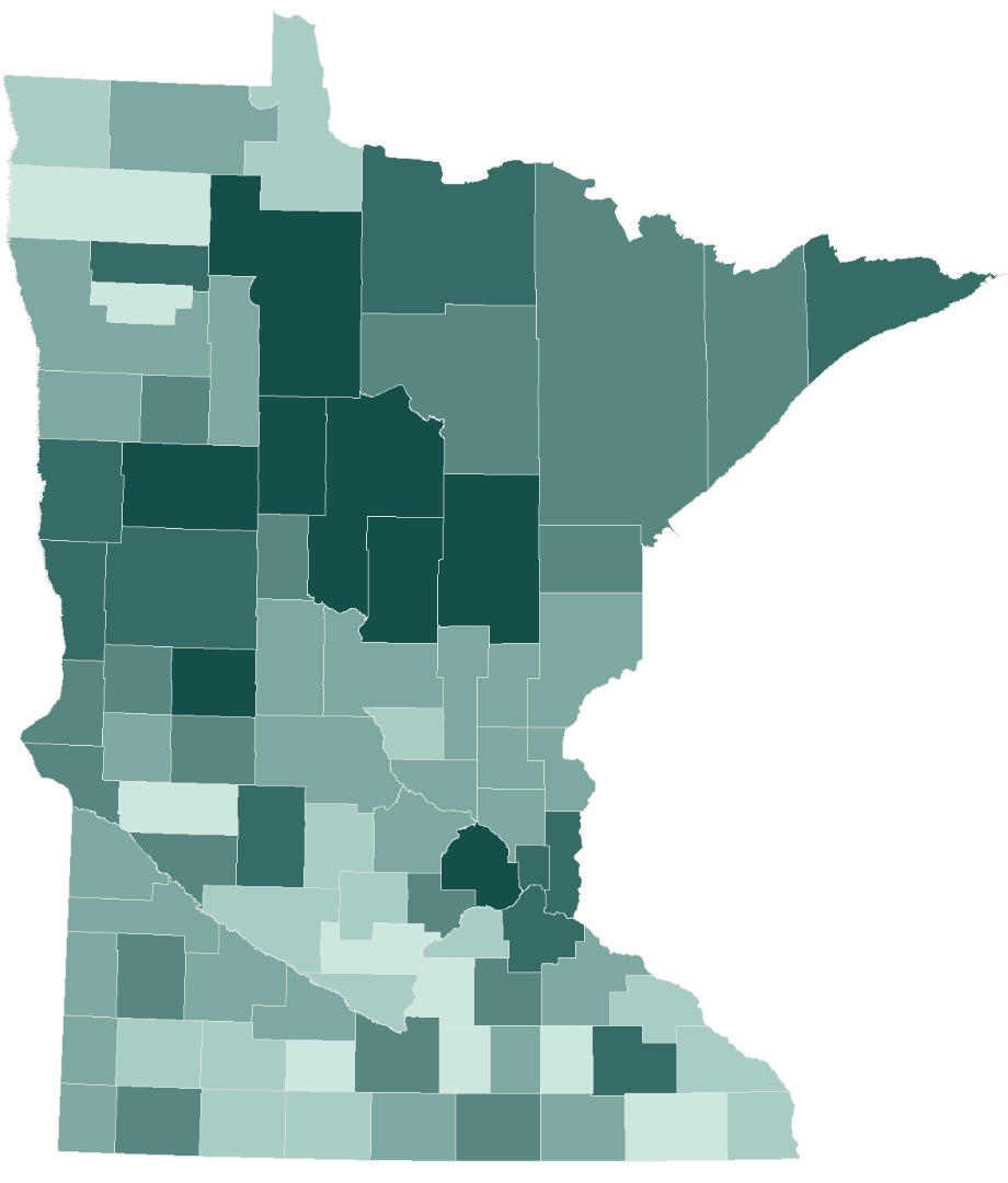 Absentee voting by county. Counties with darker shades had a higher percentage of voting via absentee ballots.