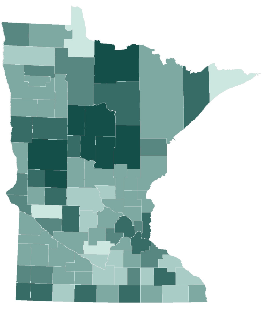 Absentee voting by county. Counties with darker shades had a higher percentage of voting via absentee ballots.