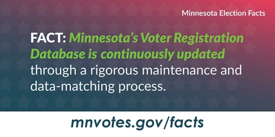 Minnesota Election Facts. Fact: Minnesota's Voter Registration Database is continuously updated through a rigorous maintenance and data-matching process. mnvotes.gov/facts