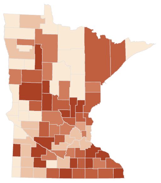 Polling place voting by county. Counties with darker shades had a higher percentage of voting via polling places on election day.